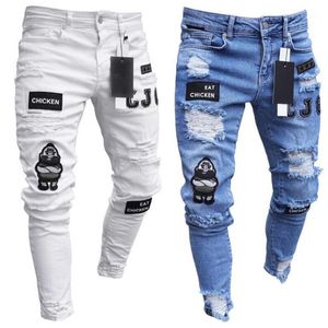 Men's Jeans Blue White Mens Cool Designer Male Skinny Ripped Destroyed Stretch Slim Fit Hop Pants With Holes Fashion Men 1