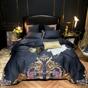 Luksusowa Egipska Bawełna Navy Blue Pościel Zestaw Premium Haft US Queen King Size 4/6 Sztuk Duvet Cover Bed Black Pillow Shams LJ200819