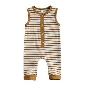 Babys Casual Ärmlös Jumpsuit Sommar Fashion Stripe Round Neck Pull-On Single-Breasted Romper One Piece Boy Girl Clothes G1221