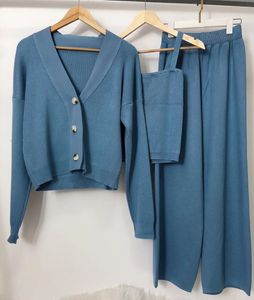 Jesienna nowa europejska moda damska damska kępa sweter Sweter i kamizelki i długie spodnie w paski Suit 3 szt.