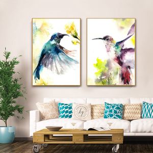 水彩ハチドリ動物のポスターとプリントキャンバス絵画鳥の絵画ウォールアート写真