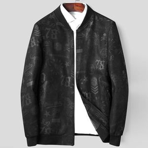 Neue echte Lederjacke für Herren, Schaffell-Lederjacke, hübscher Baseball-Kragen, lässiger Biker-Mantel