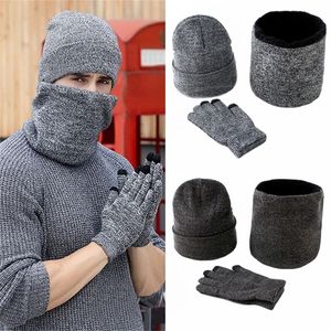 Uomini Cappelli invernali Sciarpe Guanti Moda maglia Plus Velvet Hat Set Kit Maschio 3 pezzi / set Berretti Sciarpa Guanto Y201024