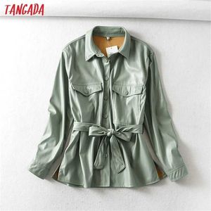Tangada Women Light Green Faux Leather Jacket Coat with BeltLadies Long Sleeve Loose Oversize Boy Friend Coat 6A125 220112