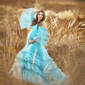Off Shoulder Tulle Maternity Gowns for Photo Shoot Evening Dresses Tiered Ruffles Long Sleeve Pregnant Prom Dress