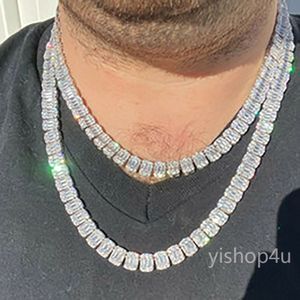 14K White Gold Plated 9mm Men's Baguette Tennis Chain Soild Real Iced Diamond Hip Hop Jewelry for Men Women gifts