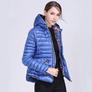 Parka Женщины Новая Зимняя куртка женщина пальто с капюшоном Распечатать Стильный синий Zipper Outwear Plus Размер хлопка проложенный Parkas