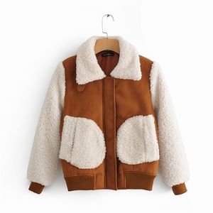 새로운 가을 겨울 여성 접합 양털 + 스웨이드 가짜 가죽 패치 워크 코트 레이디 두꺼운 따뜻한 몰려 들고있는 재킷 Streetwear T200212