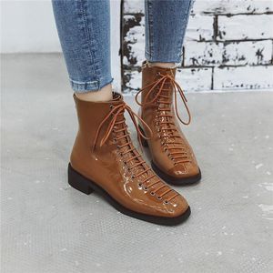 Wholesale motorcycles ladies resale online - YMECHIC Cross Tied Ladies Boots Chunky Heels Black Yellow Square Toe Gothic Street Ankle Motorcycle Boots Winter Booties1