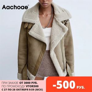 Aachoae Women Fashion Faux Leather And Lamb Fur Jacket Coat Zipper Long Sleeve Thick Warm Coats With Belt Winter Outerwear 201030