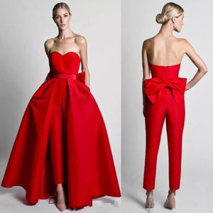 ELegant Red Jumpsuit Evening Dresses With Detachable Skirt 2022 Sweetheart Formal Pants Suit Prom Party Gown With Bow Sleeveless Jumpsuits Special Occasion Wear
