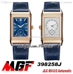 MGF Reverso Tribute Duoface 398258J JLC 854A/2 Automatic Mens Watch 18K Rose Gold Blue Silver Dial Stick Leather Strap 2022 Super Edition Puretime B2