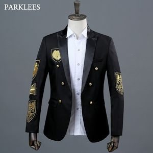 Goldmedaille Stickerei Blazer Jacke Männer Casual Revers Zweireiher Herren Schwarz Anzug Bühne Prom Show Sänger Militär Kleid Homme 201014