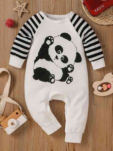 Bebê listrado panda print raglan luva jumpsuit ela