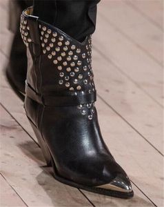 2020 Zima Jesień Chic Skórzane Buty Damskie Metal Siated Toe Nit Dziwne Buty Heel Heel Woman Fashion Martin Boots