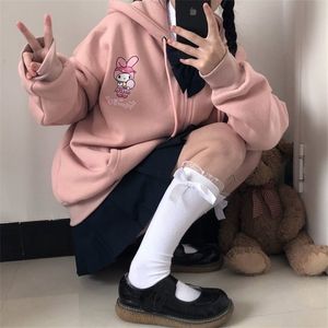 Anime tryck hoodie kvinnor lång ärm söt plus sammet tröja kvinnor vinter kawaii mode zip upp 220217