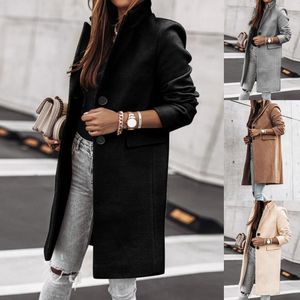 Женская шерстяные смеси старинные женщины зимний теплый с длинным рукавом кнопка отворота пальто с серединой длиной куртка пальто женская уличная одежда элегантная одежда