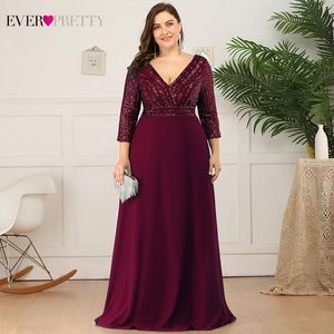 Plus Size Dark Green Evening Dresses Ever Pretty Double V-Neck 3/4 Sleeve Sequined Tulle Elegant Party Gowns Robe De Soiree 201113