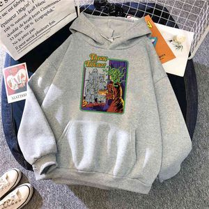 Trick Or Treat Print Man Streetwear Vintage Fleece Loose Hooded Clothes Male Comfortable Cartoons Anime Oversize Sweatshirts H1227