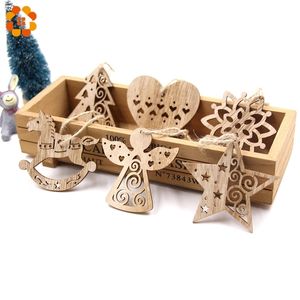 6st European Hollow Christmas Snowflakes Trähängen Ornament för julgransprydnad Julparty dekorationer Kids Gift Y201020