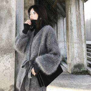 100% äkta mink cashmere tröja kvinnor cardigan med bälte stickad stor lyktor ärm Gratis frakt jn566 201030