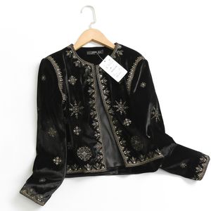 New design women's retro o-neck long sleeve embroidery flower paillette velvet fabric short jacket coat plus size XSSML