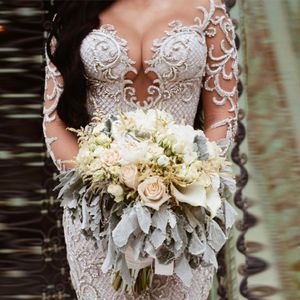 Lüks Dubai Mermaid Dantel Gelinlik Uzun Kollu Illusion Derin V yaka Mahkemesi Tren Gelin Gelinlikler Custom Made vestidos de novia