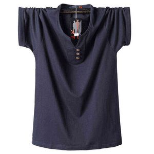 2021 Summer Men T Shirt Button Slim Fit Fashion Cotton Short Sleeve T Shirts Men V Neck Casual T-Shirt Solid 6xl 7xl 8xl Tee Top G1229