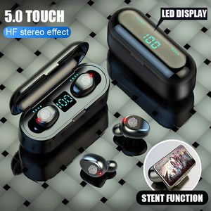 Ny trådlös hörlurar Bluetooth V5.0 F9 TWS hörlurar HiFi stereo öronproppar LED-display Touch Control 2000MAH Power Bank headset med mikrofon