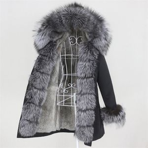 Oftbuy Wodoodporna kurtka zimowa Kobiety długie Parka Real Rabbit Fur Płaszcz Naturalny szop szopowy Fur Fur Kllar Warm Streetwear 201214