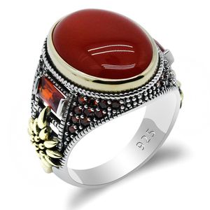 Män Ring 925 Silver Russian Oval Red Agate Stone Män Ring Solid 925 Sterling Smycken Förlovning Bröllopsring för Män Storlek 8-13 J0112