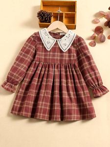Toddler Girls Plaid Eyelet Embroidered Peter-pan Collar Flounce Sleeve Dress SHE