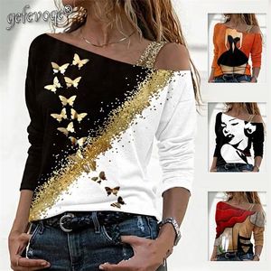 Sexy Skew Neck Off Schulter Schmetterling Grafik Druck T Shirt Frauen Trendy Kleidung Casual Damen Tops Lange Ärmel T-shirts 220226