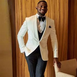 White Wedding Tuxedo for Prom Men Suits 3 Piece Jacket Vest with Black Pants Slim Fit African Fashion Clothes Set Costumes 201106