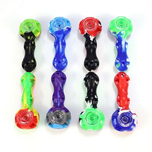 Wholesale Silicon Hand Pipe Smoke With Cover Glass Bowl Metal Spoon Multi Colors Dry Herb Tobacco Pipes Dab Rig Bongs