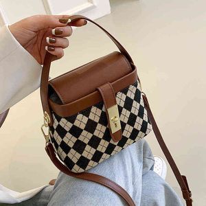 Shopping Bags Vintage Plaid Mini PU Leather Brand Crossbody with Short Handle 2022 Retro Bucket Handbags Designer Shoulder for Women 220304