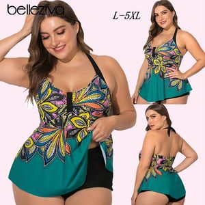 Belleziva Plus Size Costume da bagno da donna Halter Plus Size Slip bikini Costume intero Tankini Set Costumi da bagno con stampa floreale T200508