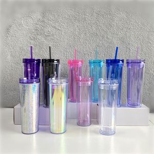 10 Colors 20oz Acrylic Skinnny Tumbler Lid Straw Double Walled Reusable Plastic Cups Clear Straight Water Bottles sea shipping LLA219