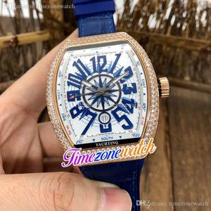 New 42mm Date Automatic Mens Watch Rose Gold Diamond Case Blue Number White Dial Blue Leather Rubber Watches Timezonewatch TWFM E195d2