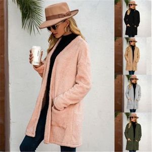 Ladies Solid Color Outerwear Fashion Trend Plush Long Sleeve Cardigan Coats Designer Female Autumn New Pocket Casual Loose Mid-length Coat