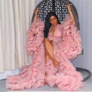 2023 Ruffles Pink Tulle Kimono Women Evening Dress Robe for Photoshoot Puffy Sleeves Prom Gowns African Cape Cloak Maternity Dress Photography