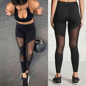 Mesh Patchwork Sport Legings Women Gym Push Up Yoga Pants High midjestrumpbyxor Pasts Solid Sports Wear för kvinnor Plus Size S-XL H1221