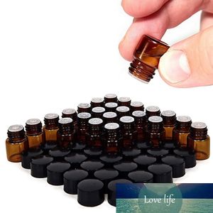 24pcs 1/4 dram 1ml pequeno Vidro Âmbar Garrafas Garrafas Containers w / orifício redutor de boné preto para perfumes amostra de óleo essencial