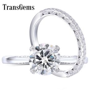 Transgems Vintage Bridal Ring Set Center 1.5ct 7.5mm F Color 14K White Gold Ring Set per le donne Wedding Y200620