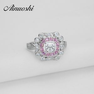 Anceinyhi design de moda 0.63 ct princesa corte simulado halo anel 925 Sterling prata bague elegante cor rosa cor anéis y200106