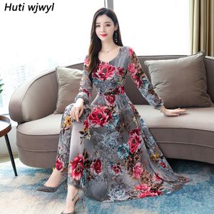 Vestidos Maxi Vintage Manga Longa Outono Inverno Novo 3XL Plus Size Floral Chiffon Dress Elegant Women Bodycon Party Vestidos 201125