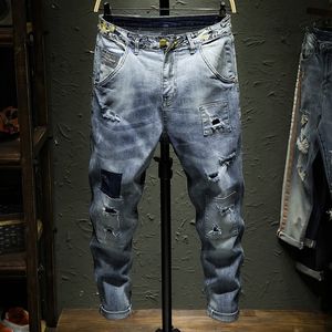 Hohe Qualität Stretch Denim Skinny Jeans Männer Streetwear Destroyed Ripped Jeans Homme Hip Hop Broken Patch Loch Bleistift Biker Hosen 201116