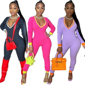 fall winter clothing Women long sleeve solid color Jumpsuits casual Rompers sexy V neck skinny bodysuits black leggings DHL SHIP 4441