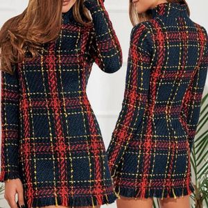 Vestidos casuais vestido de tweed para mulheres lã manga longa 2021 outono inverno vintage manta senhoras lã elegante houndstooth fêmea mini