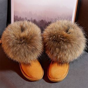 Genuine Leather Children's Shoes Kids Snow Boots Natural Big Fox Fur Cold Winter Boys Girls Warm Botas Baby Boots 201113